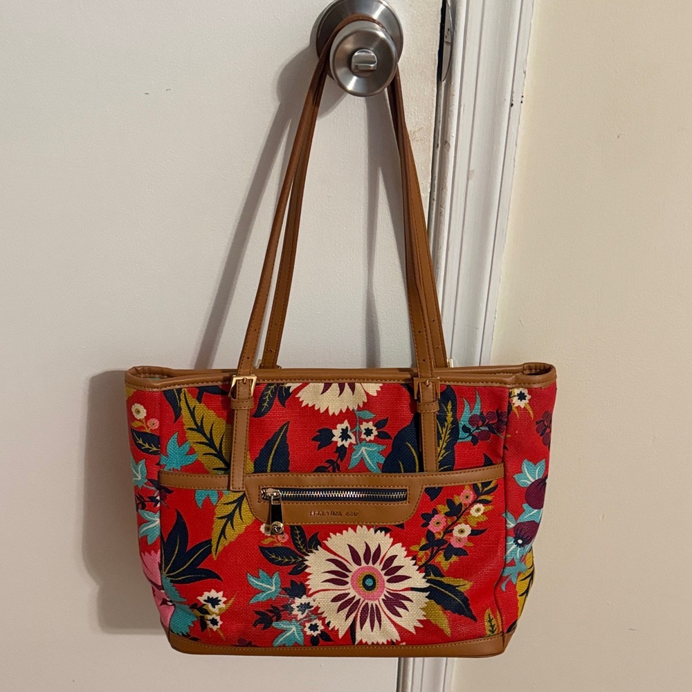 Spartina 449 Multicolor Floral Canvas Tote with Tan Straps